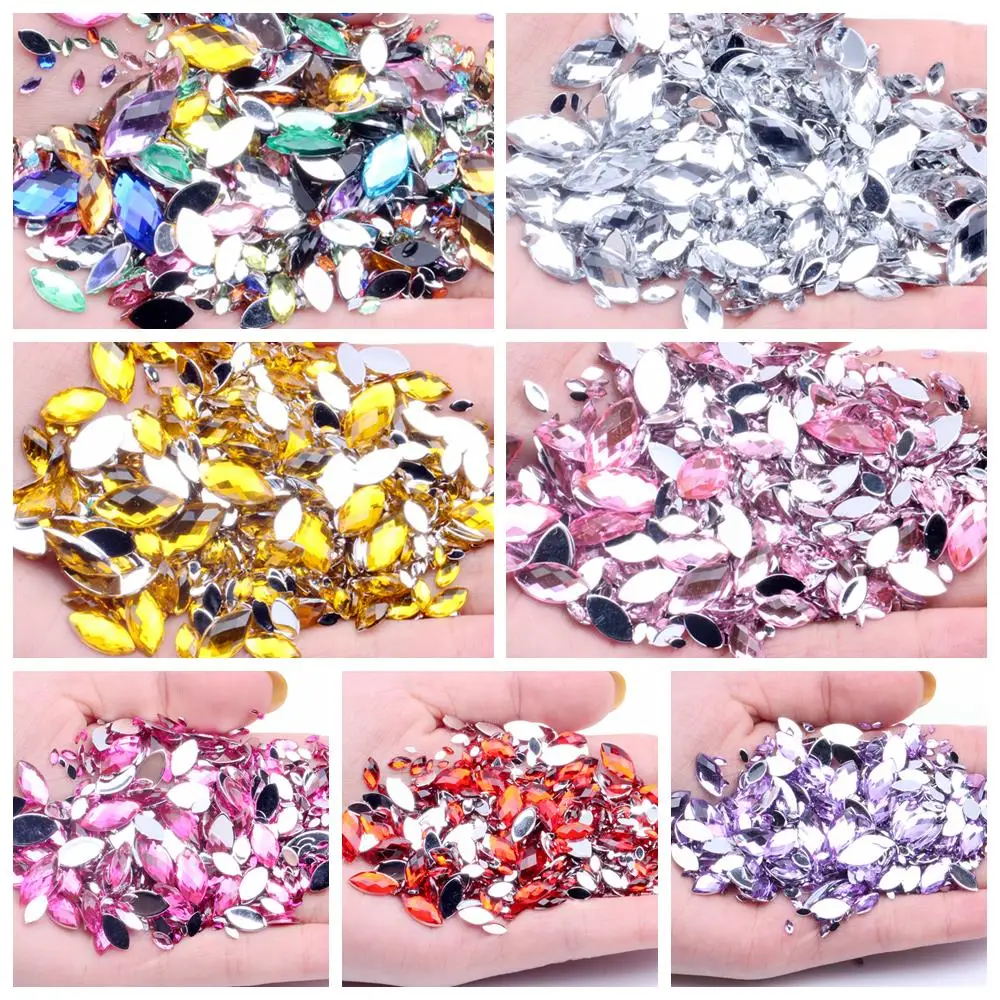 Acrylic Crystal Rhinestones Random Mix 7 Size 600pcs Marquise Earth Facets Glue On Beads Dress DIY Jewelry Nails Art Charms