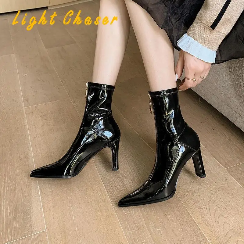 

2021 European And American Fashion Pointed Zipper Women's Shoes High Thick Heel Patent Leather Ankle Boots Womens Platform Heels