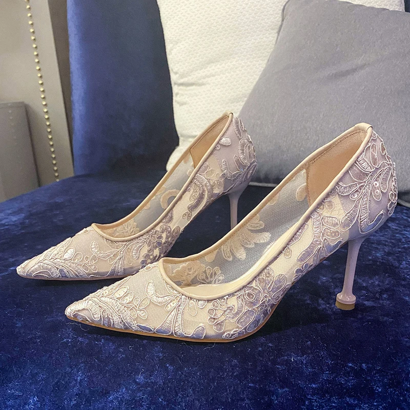 Light Cloud Embroidery High Heels Women\'s Wedding Shoes 2020 New Bridal Thin Heeled Lace Mesh Shoes