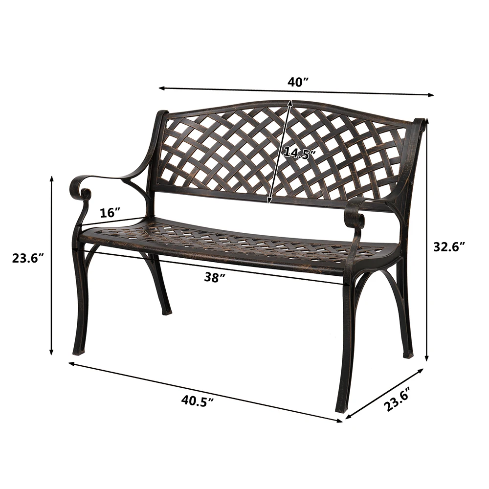 102CM Outdoor Cast Aluminum Bench With Mesh Backrest Seat Surface for Courtyard Park Decoration Bronze[US-Stock]