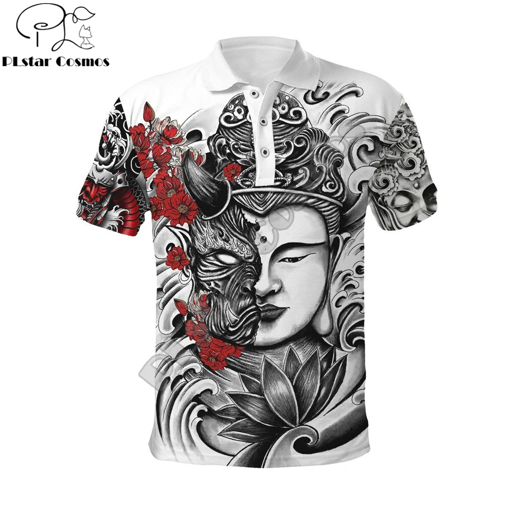 Samurai Armor Oni Mask Tattoo 3D Printed Mens Polo Shirt Summer Short Sleeve t-shirt Streetwear Casual Fashion Men tops POL-02