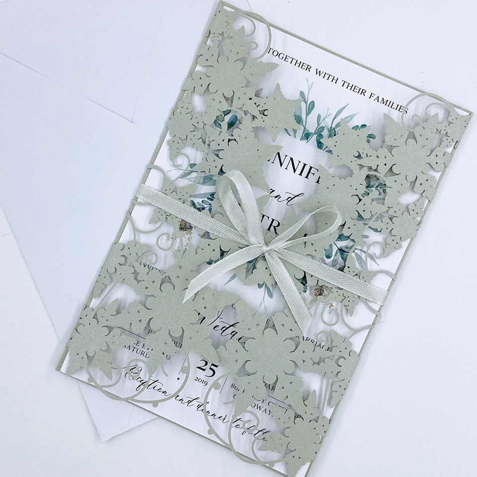 Romantic  Silver Snowflake Laser Cut Wedding Invitation Card, Customized Insert With Bowtie And Envelope, Free Designs