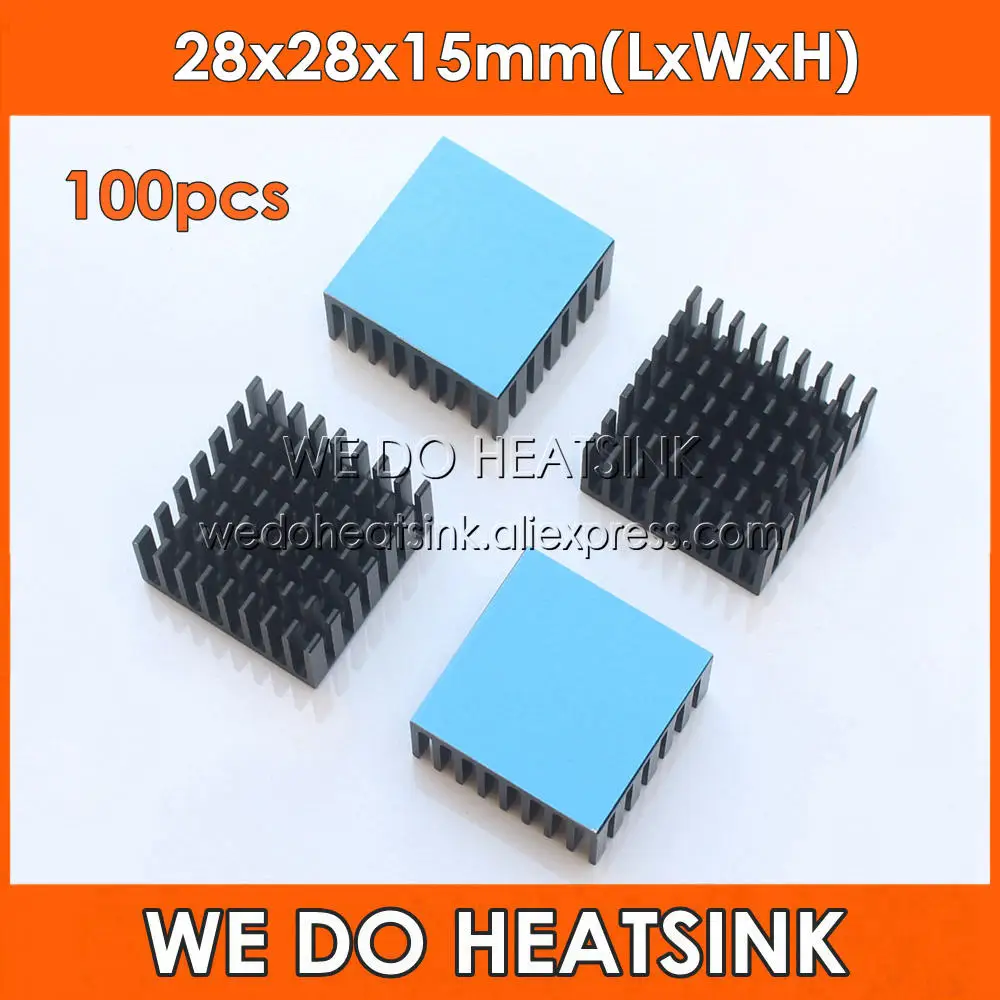 

WE DO HEATSINK 100pcs 28x28x15mm Black Slotted Anodized Aluminum Cooling Heat Sink With Thermal Adhesive Transfer Pad Applied