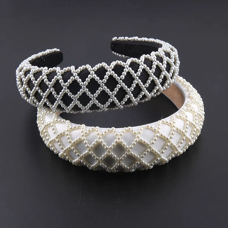 New White Luxury Handmade Shining Pearl Crystal Beaded Flower Catwalk Headband For Women Temperament Hair Accessories 311