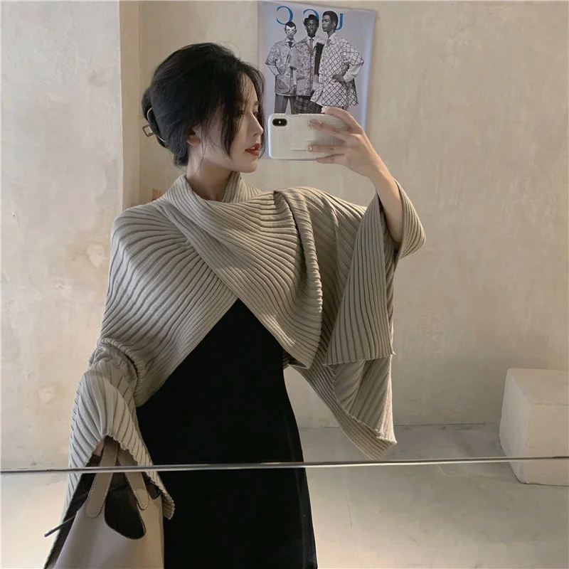 Women Cape Sweater Casual Scarves Solid Loose Knitted Shawl Ladies Tops Poncho Mujer 2021 Spring Vintage Long Black Dress W217