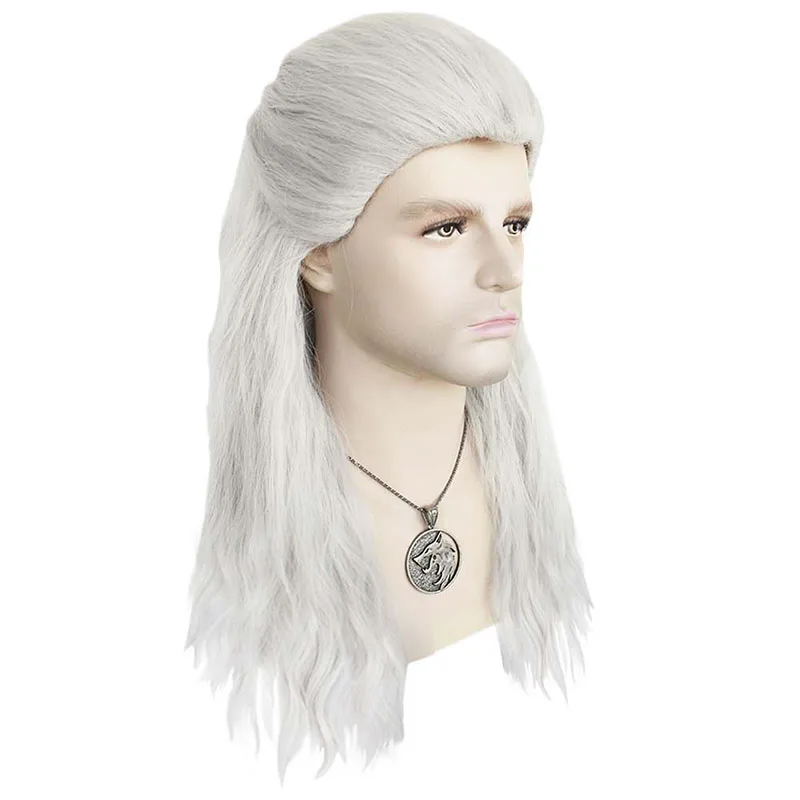 Geralt Wig Long Water Wave Silver White Wigs With Badge Metal Pendant Slice Back Styled Hair Cosplay Wigs + Wig Cap