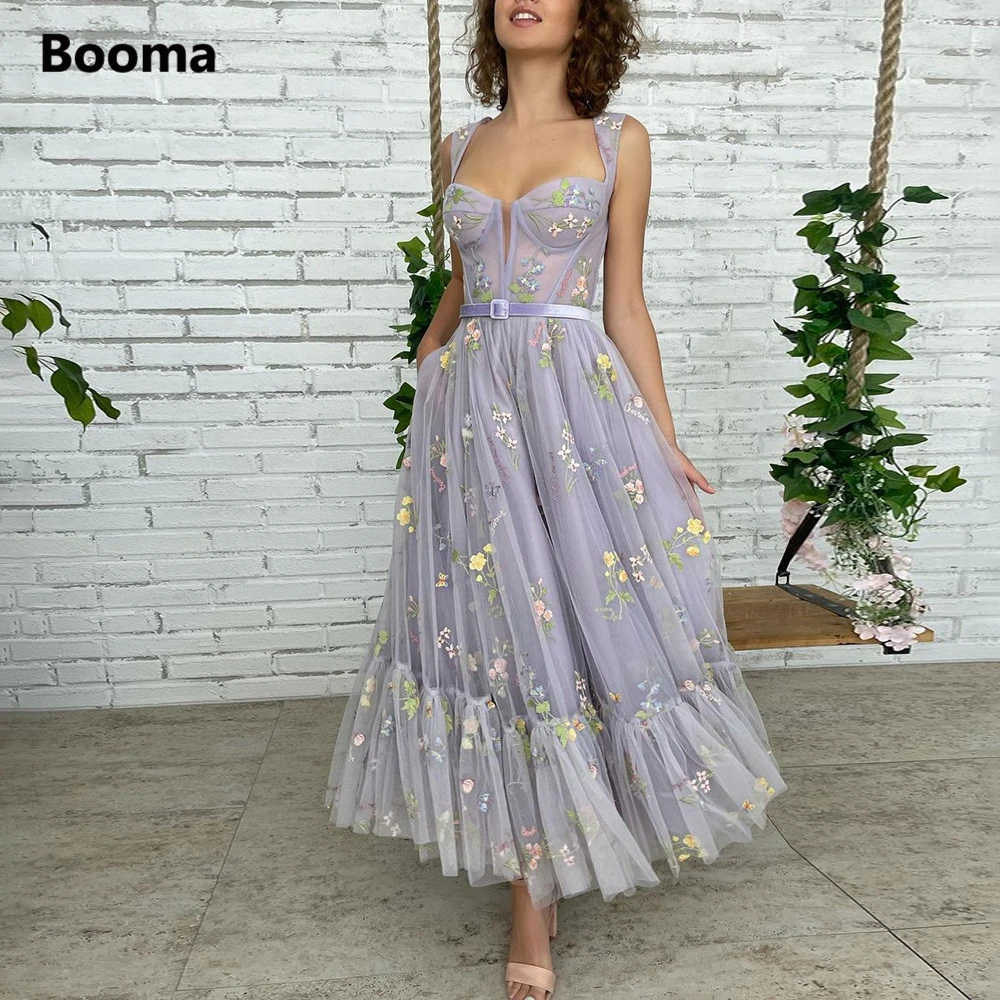 

Booma Lavender Embroidery Lace Midi Prom Dresses Sweetheart Tea-Length Tulle Wedding Party Dresses 2023 A-Line Formal Gowns