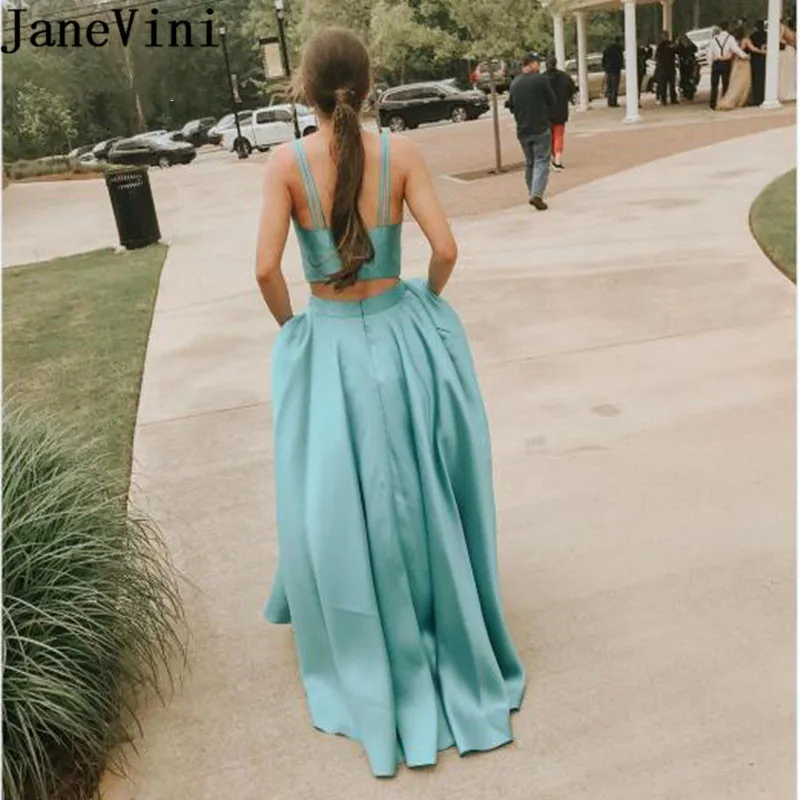 JaneVini Einfache Zwei Stücke Lange Prom Kleider Satin EINE Linie 2 Stück Sleeveless V-ausschnitt Teenager Abend Party Kleid Jurkjes 2020