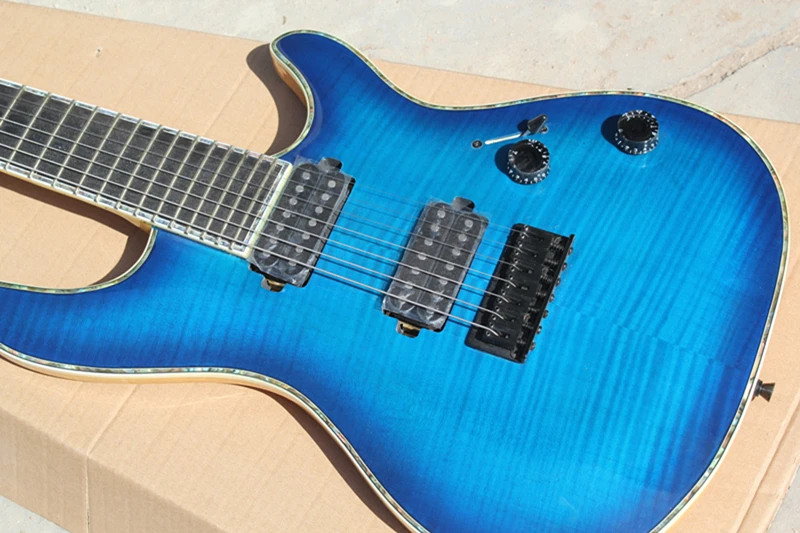 7 Strings Blue body Electric Bass Guitar with Flame Maple Veneer,Neck through body,Black Hardware,offer customized