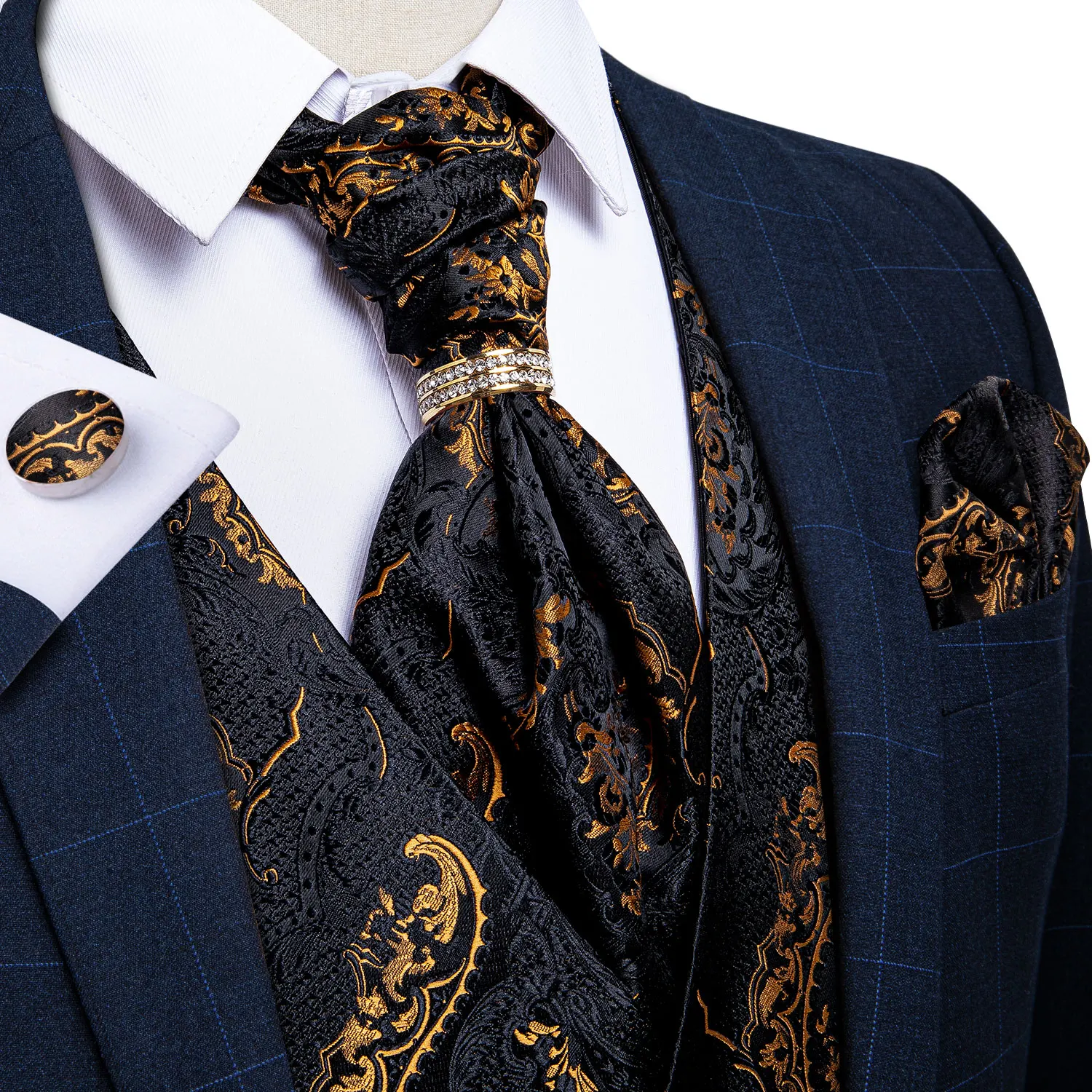 Men Gold Paisley Silk Waistcoat Ascot Tie Pocket Square Necktie Ring Set Wedding Formal Dress Vests Sleeveless Jacket DiBanGu