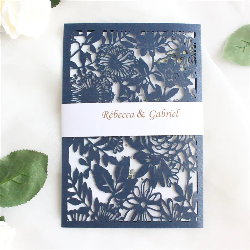 

Rural invitation card leaf floral greeting card with belly band navy blue dark green burgundy coffee personalized printing 50pcs