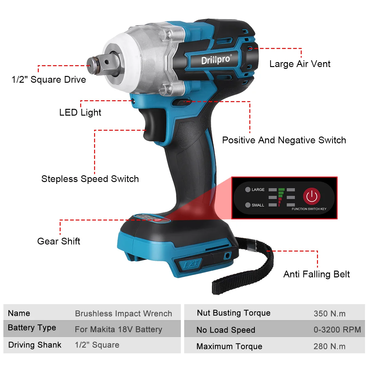 Drillpro 520NM Torque Brushless Electric Impact Wrench 1/2 inch Cordless Wrench Screwdriver Power Tools For 18V Battery