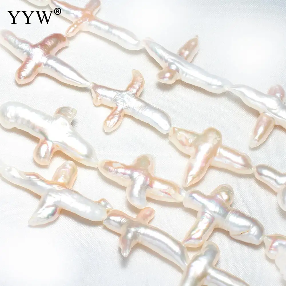 Special Cross Shape White Cultured Baroque Freshwater Pearl Beads 25-40mm DIY Women 's Bracelet Earring Hole 0.8mm 15inch