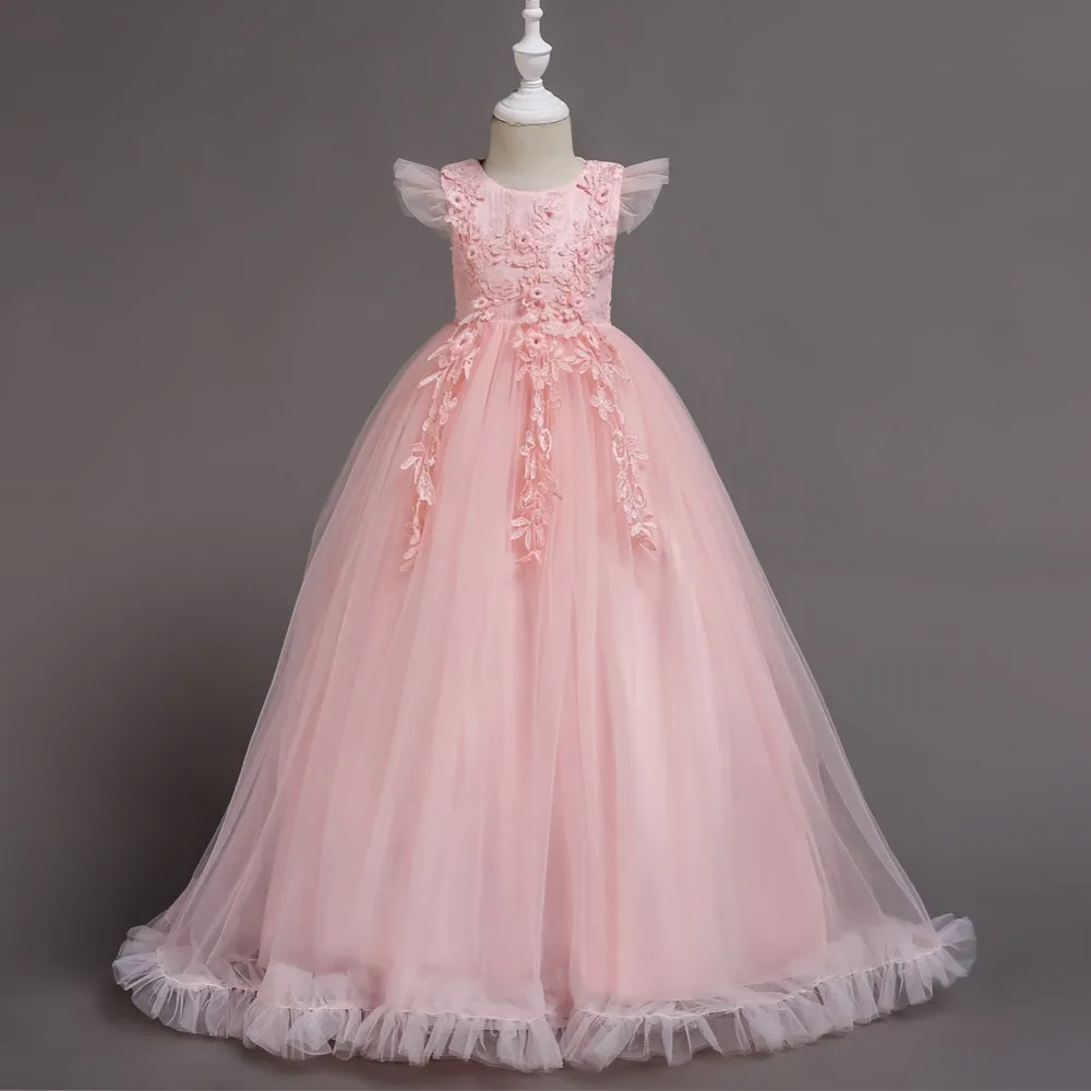 4-15 Years Kids Dress Flower Long Lace Elegant Teenagers Ball Gowns Dresses Girl Party Evening Bridesmaid Princess Clothing