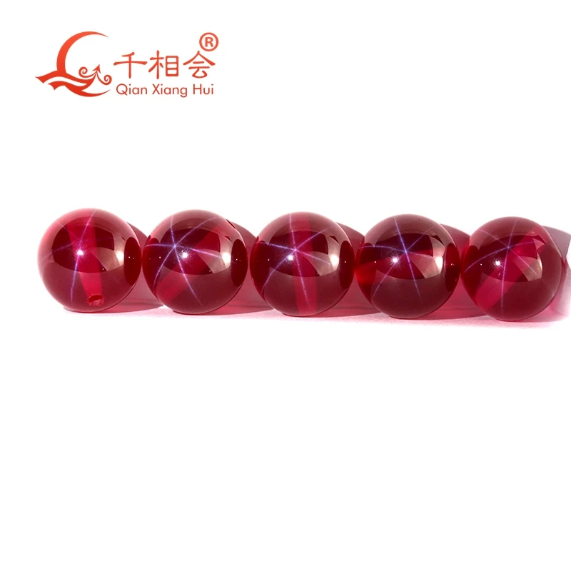 Transparent artificial star sapphire ruby red color sphere shape ball shape stone corundum with full hole loose gemstone
