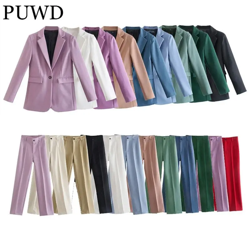 PUWD Casual Women Solid Color Pants Suits 2021 Autumn Fashion Office Ladies Single Button Blazer Two Piece Sets Female Chic Sets