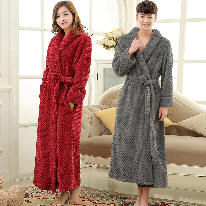 Women Extra Long Thermal Bathrobe Jacquard Flannel Winter Plus Size Pregnant Warm Bath Robe Zipper Dressing Gown Men Sleepwear