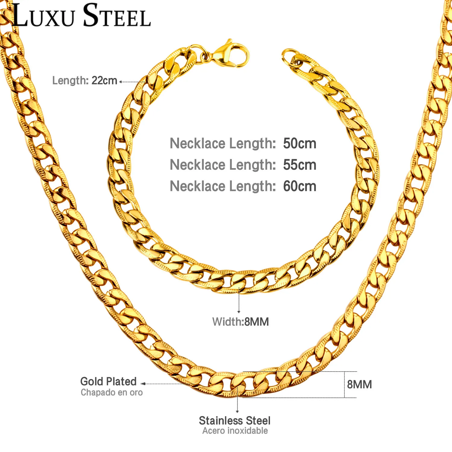 

LUXUSTEEL african jewelry set Width 8mm Stainless Steel Long 50cm 55cm 60cm Chains Bracelets Sets Cuban Link Chains