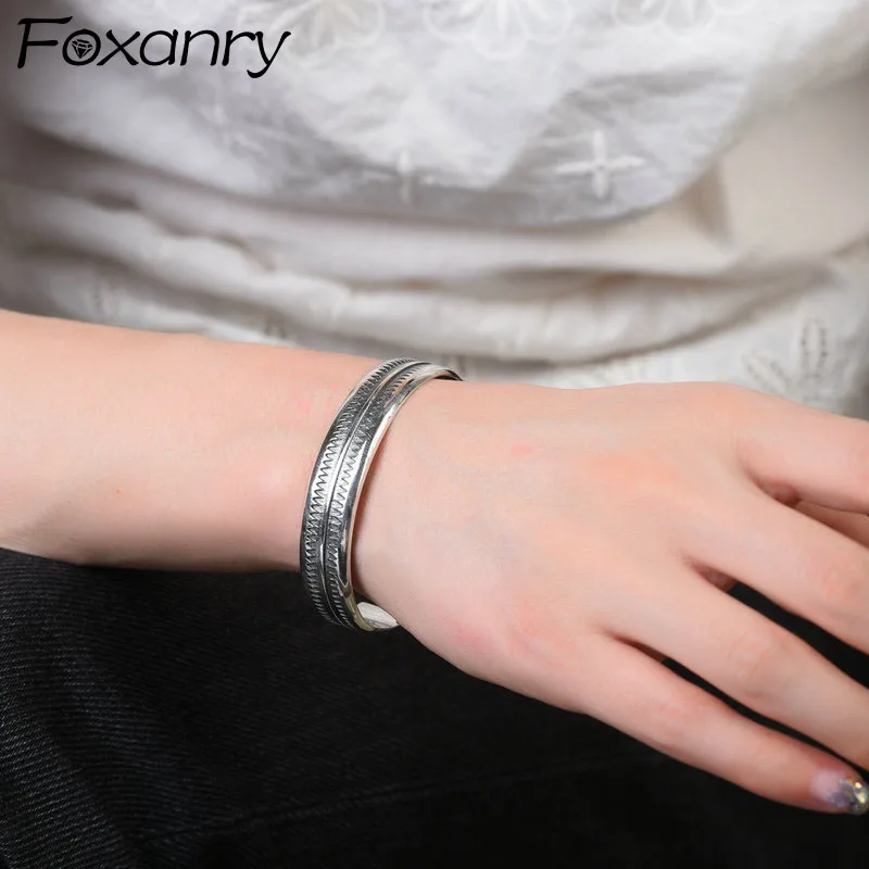 FOXANRY Silver Color Bangles & Bracelet INS Fashion Hip Hop Vintage Creative Tooth Mark Texture Thai Silver Party Jewelry