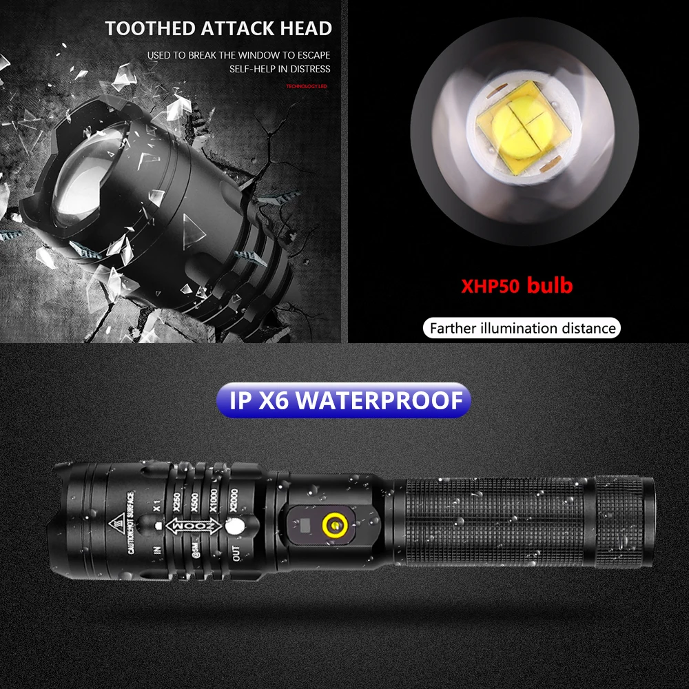 Powerful LED Flashlight XHP70.2 26650 Rechargeable Torch XHP50.2 18650 USB Zoom Lantern XHP50 Hunting Lamp Self Defense