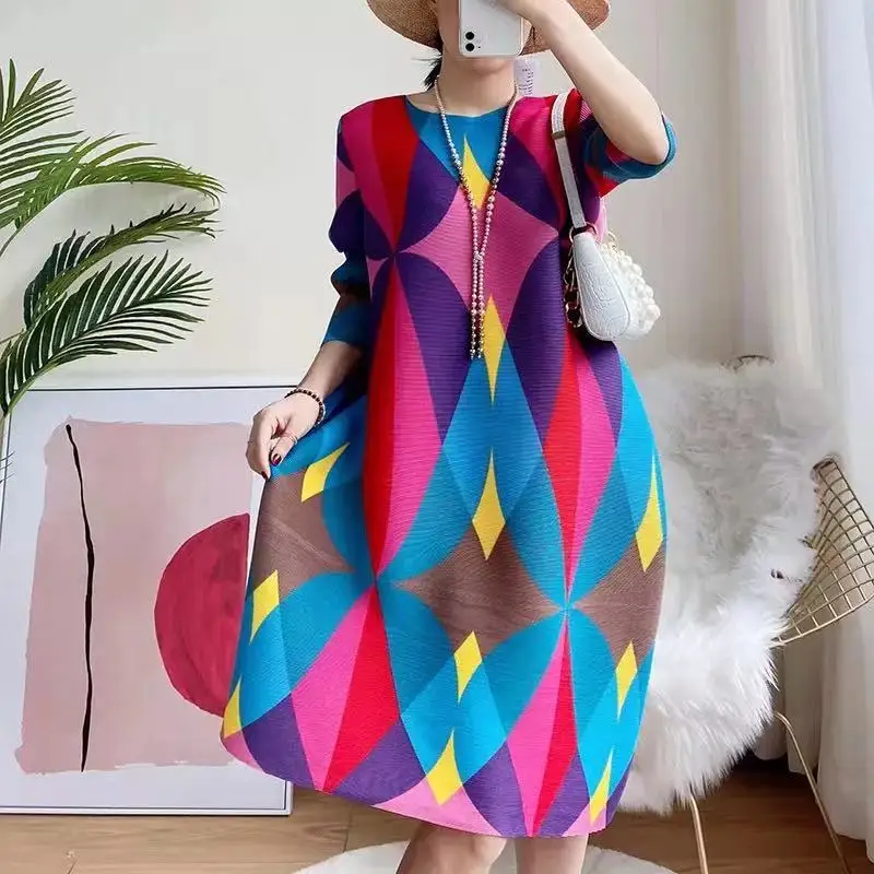 Miyake Pleated Print Dress Spring 2023 New Loose And Thin Temperament Vestidos In Stock Red, Blue And Orange 88056#