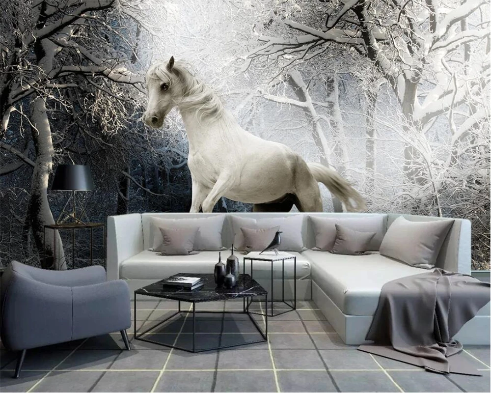 beibehang Customized modern fashion snow scene black and white horse galloping background papel de parede wallpaper