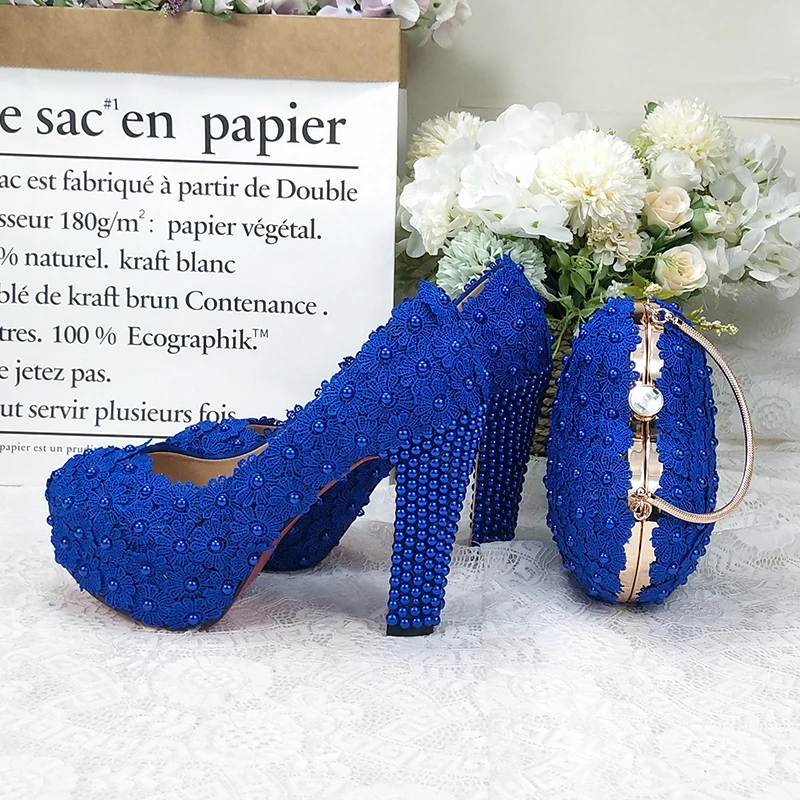 BaoYaFang Royal Blue Flower Wedding shoes and bags sets Ladies Platform shoes woman High heel shoes Thick Heel heart purse