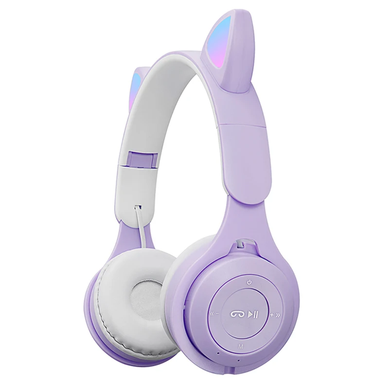 M6 Cute Cat Ear Bluetooth-compatible Wireless Headphones, Luminous Foldable Stereo Headset , Support TF Card Playback