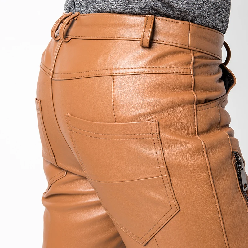 Calças masculinas de couro de carneiro, calças skinny, streetwear genuíno, outono e inverno, calças impermeáveis