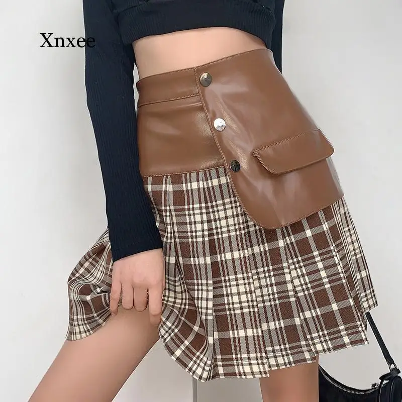 Korean Fashion Leather Patchwork Plaid Pleated Skirt Women High-Waisted Pockets Brown Mini Botton-Up Y2K Harajuku 2021 Clothing