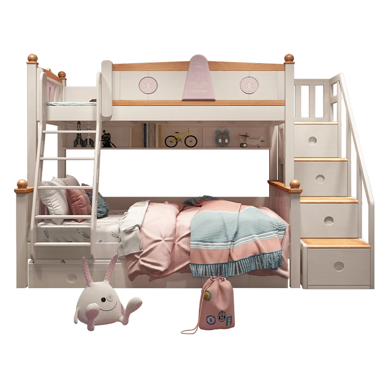 북유럽풍 올 솔리드 우드 어린이 더블 레이어 다기능 이층 침대
