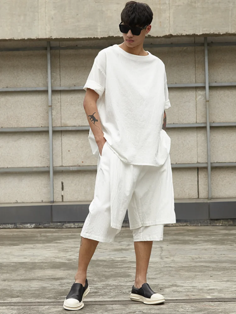 Men's new suit cotton and linen casual pants loose Japanese summer retro leisure large linen short sleeves short style