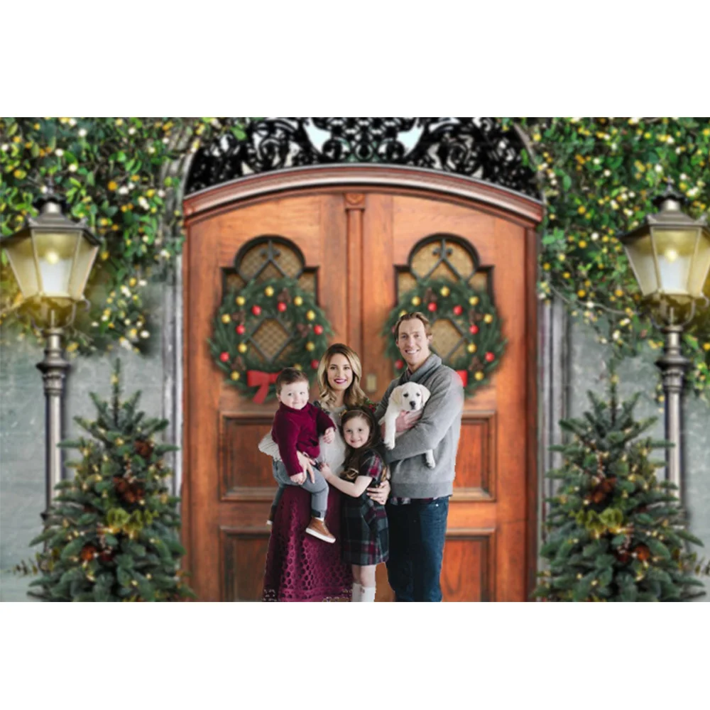 Fondo de Navidad de puerta Retro, sesión de fotos, árboles de Navidad, corona de vid verde, fondo de luz, accesorios de fotografía de retrato de invierno