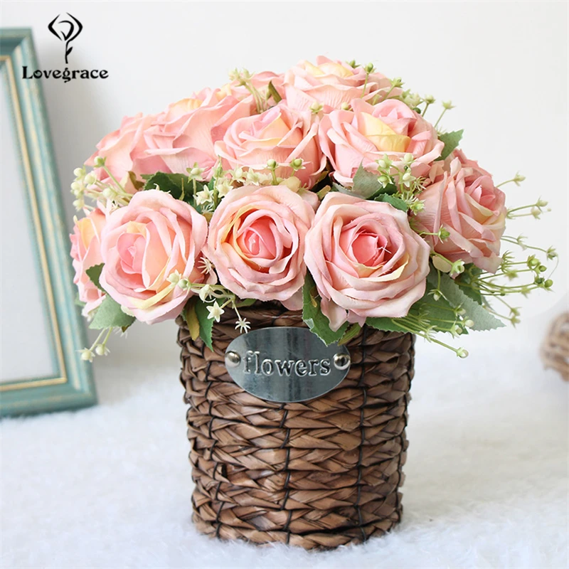 Lovegrace Bride Wedding Bouquet Flower Bridesmaid Artificial Silk Flower 9 Heads Rose Baby's Breath Bouquet Home Wedding Decor