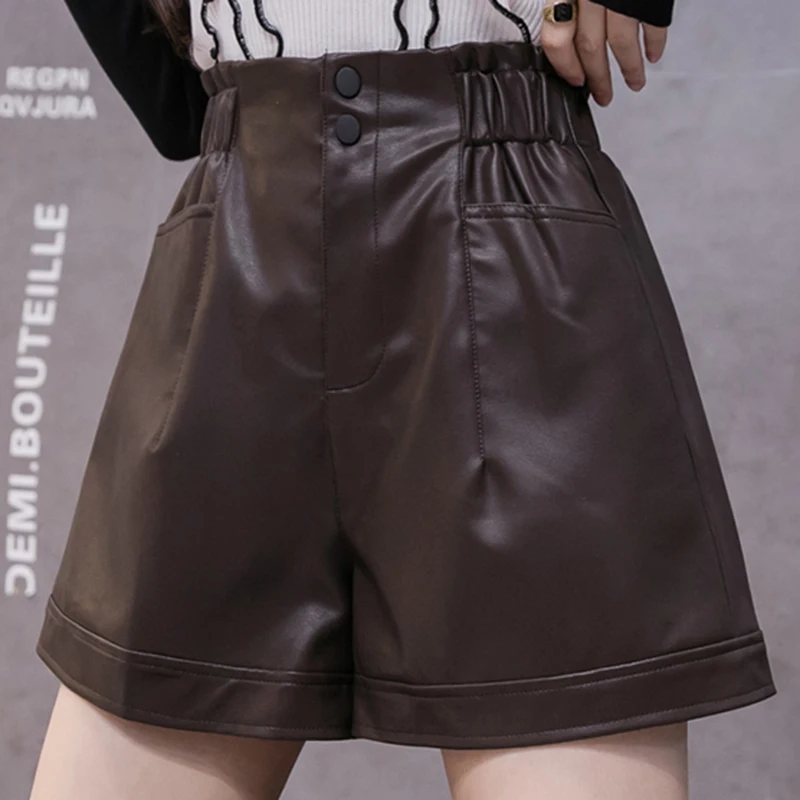 

Shorts Female New High Quality PU Leather Shorts Women 2021 Autumn Casual Clothing Winter Fashion Pockets High Waist Loose Femme