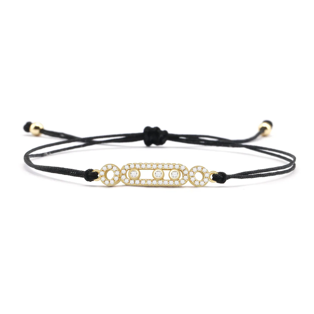 Fashion Pave Zircon Gold Color Hollow Out 3 Circles  Geometric Long Charm Bracelet for Women Red /Black Rope Bangle Jewelry Gift