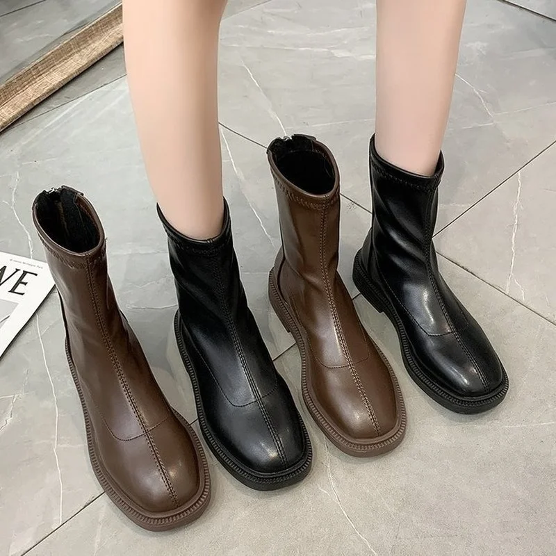 Fashion boots for women 2021 fall new medium tube leather stitching Ladies boots Korean fashion solid women boots shoes woman