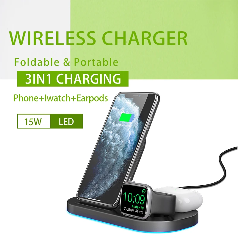 Smart Phone Charging dock station Fast 15W 3in1 QI Wireless charger for Xiaomi Huawei Iphone 12 11 XS XR X 8 Apple watch airpods