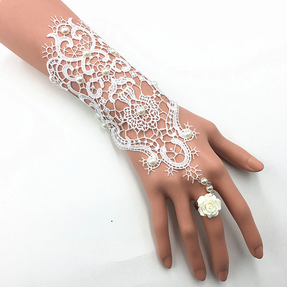 1 Pair Lace Fingerless Gloves Women Gothic Floral Steampunk Wristband Ring Imitation Pearl Handmade Bridal Bracelet Ring Set