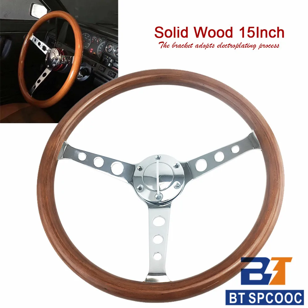 Universal Car Steering Wheel 15Inch Electroplating Bracket Classic Solid Wood Car Sport 380mm Race Steering Wheel 14Inch 350mm