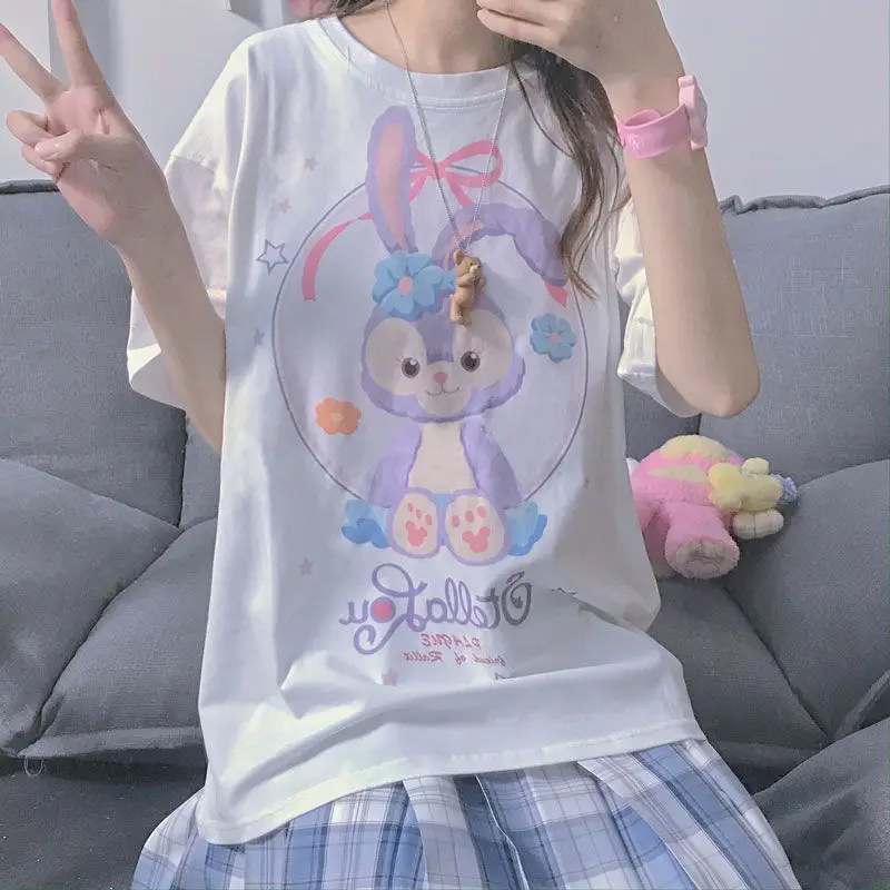 

Summer Short-Sleeved Female 2021 New Student Korean Version Loose Cute Cartoon Printing Wild White T-shirt Ins Top