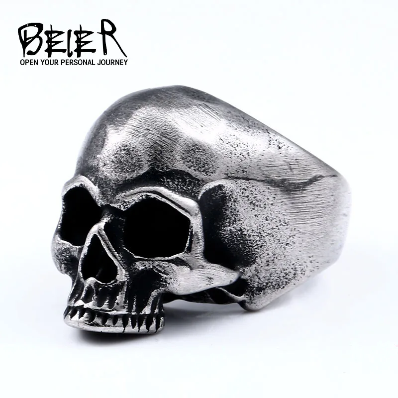 Beier 316L Stainless steel Vintage punk skull men\'s ring ancient silver color rock fashion jewelry BR8-706