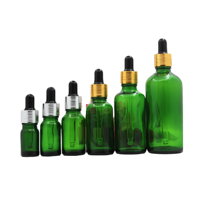 

Empty Green Glass Refillable Bottle Gold Silver Ring With Screw Lid Essential Oil Bottle Cosmetic Essence Vials 5ml-100ml 15pcs