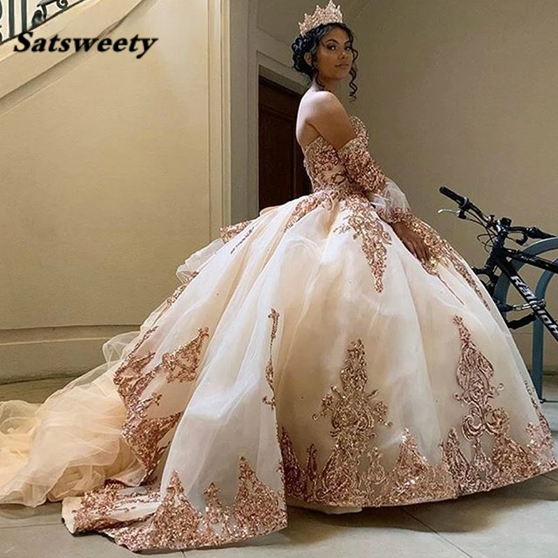 Real Photos Rose Gold Quinceanera Dresses Vestido De 15 Anos Appliques Beads Sweet 16 Dress Masquerade Prom Birthday Party Gowns