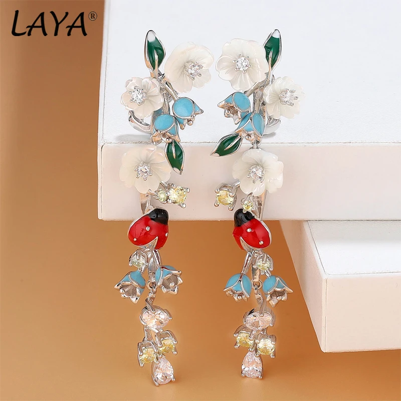 Laya 925 Sterling Silver Fashion Natural Shell Flower Green Leaf Enamel Animal High Quality Zircon Earrings For Women Jewelry