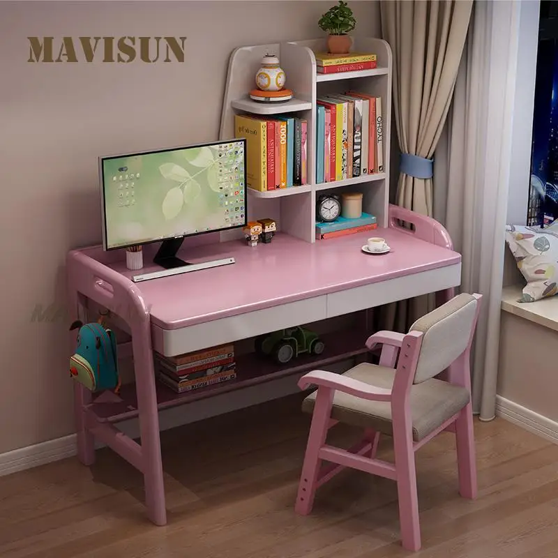 Mesa de madera para niños, mesa de estudio para estudiantes, para ordenador portátil, escritorio de ordenador para niñas, estantería con asiento ajustable