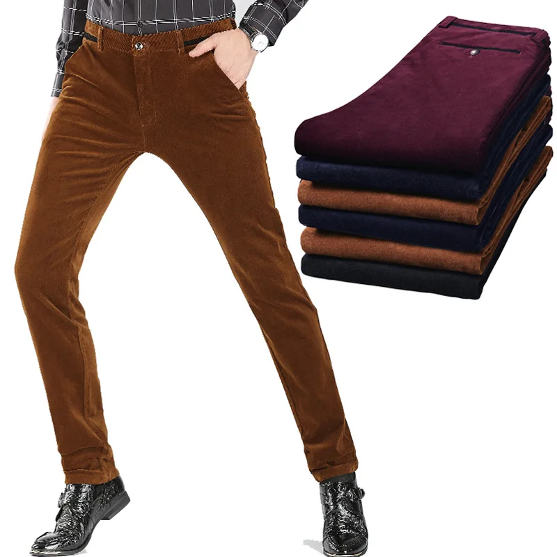 Corduroy Thick Men Casual Pants Autumn Winter New Stretch Slim  Business Office Male Trousers Brown Red Wine Navy Black