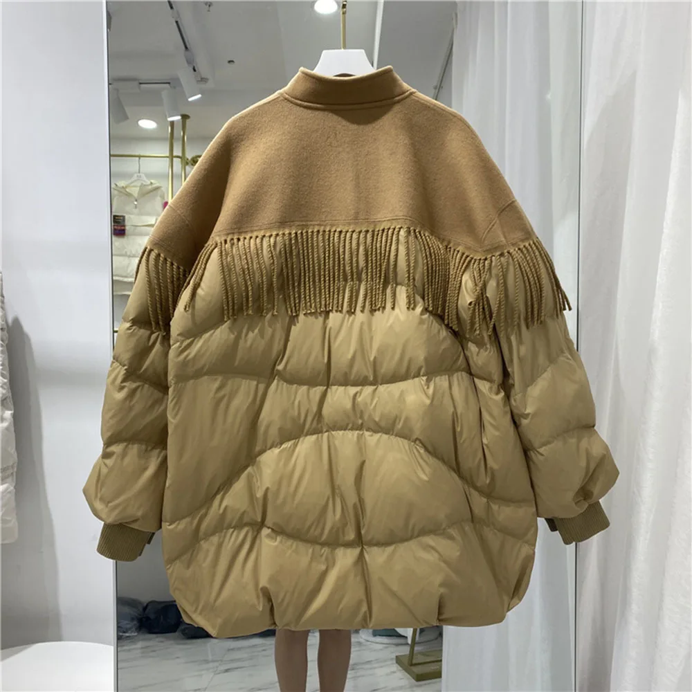 Tassel Stitching 90% white duck Down Jacket Ladies Fashion Stand Collar Loose Large Size Winter Coat Female Warm Down Overcoat