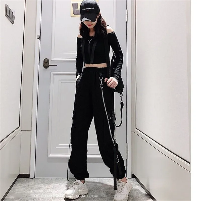 Women\'s Cargo Pants Buckle Ribbon Pocket Jogger Elastic Waist High Streetwear Harajuku Pant Punk Ring Chain Females Trousers