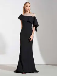 Maßge schneiderte schwarze muslimische Party Abendkleid Meerjungfrau von der Schulter kurze Ärmel Rüschen islamische Dubai Saudi-Arabisch langes Kleid